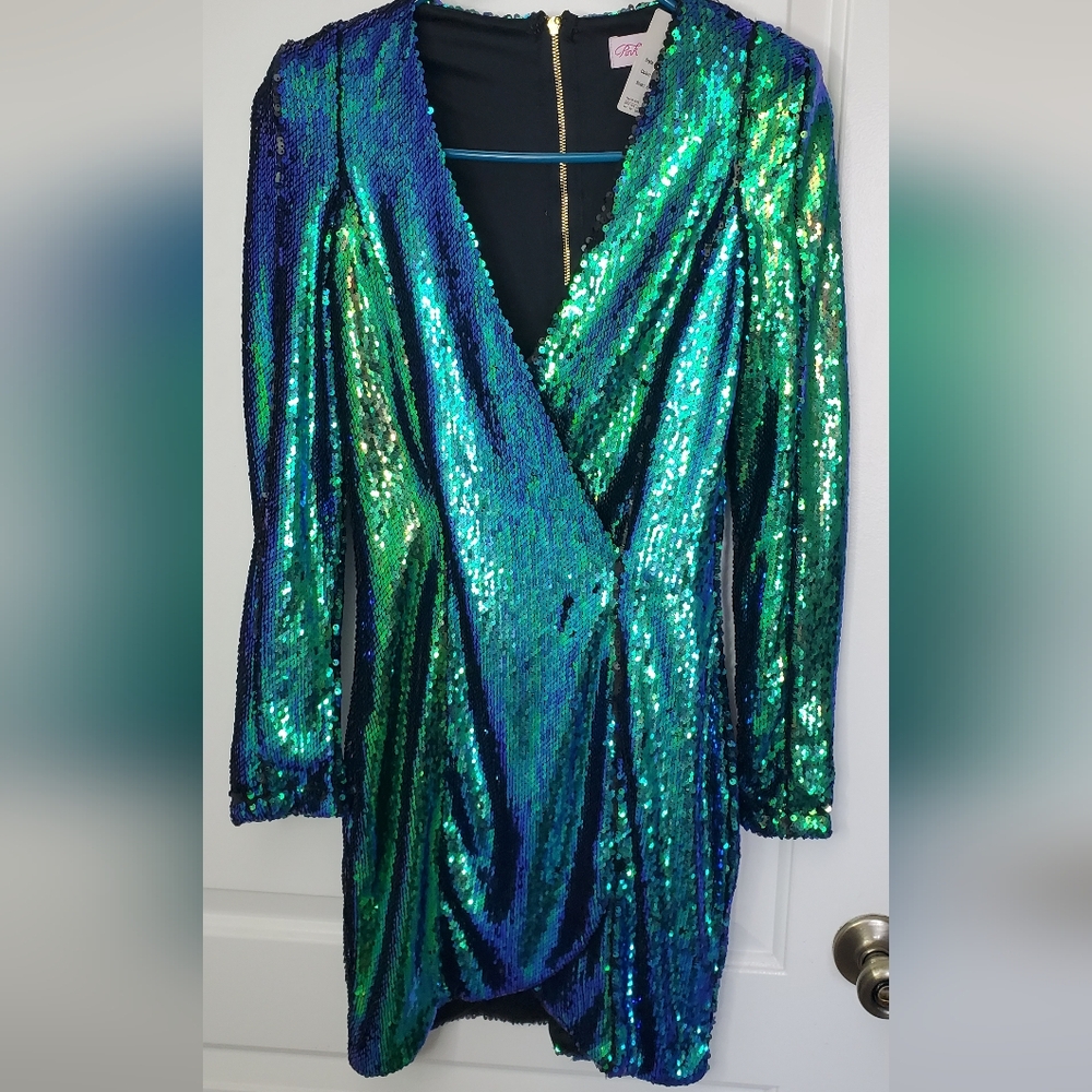 Mini Plunge Dress In Iridescent Sequins